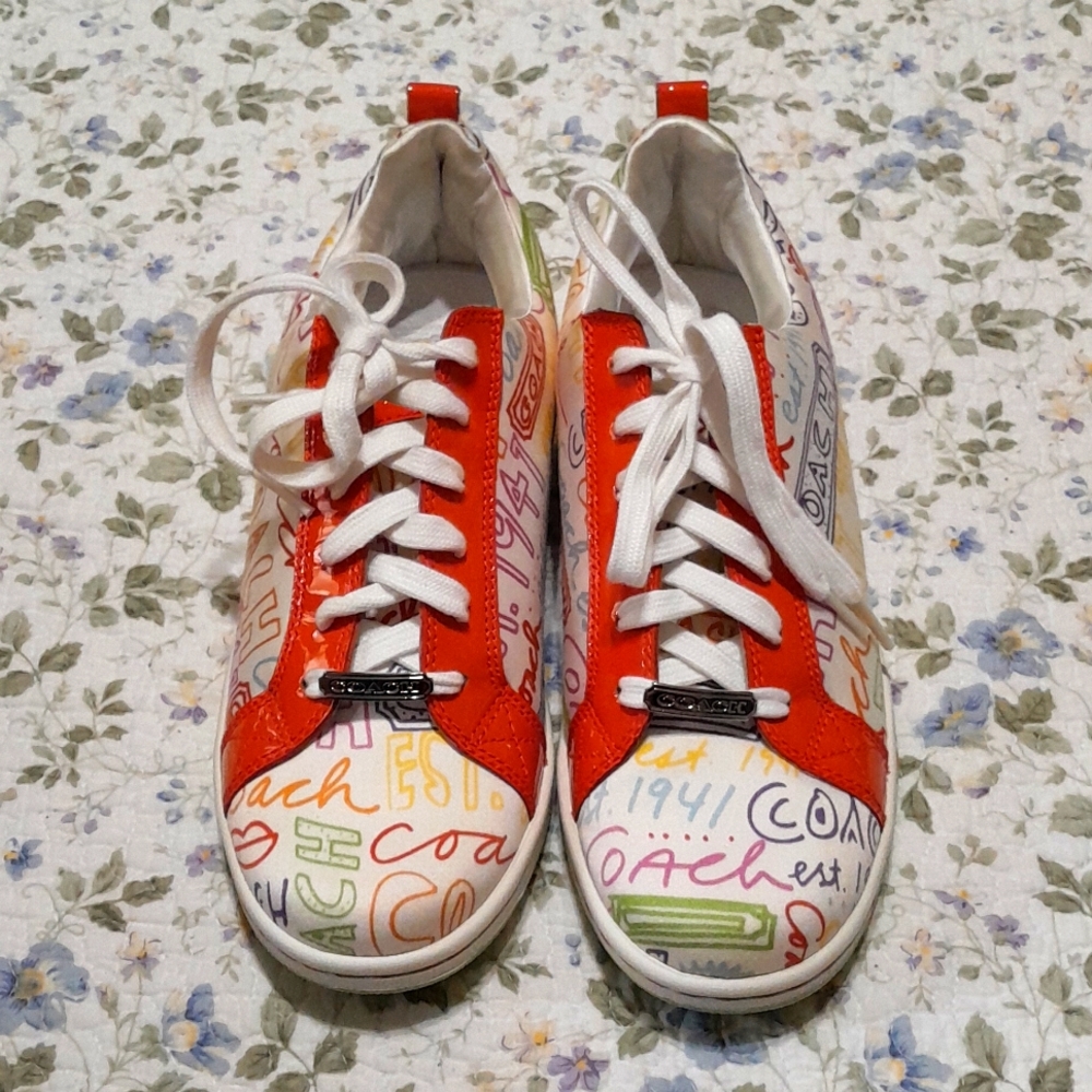 Coach Naya Graffiti Sneakers with Orange Patent Leather 7 1/2M